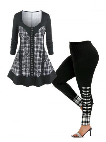 Plaid Flowers Hook-and-Eye Design T-shirt and 3D Ripped Print Leggings Plus Size Outfits - BLACK