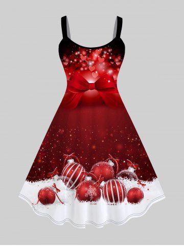 Robe de Noël Ajustée et Evasée à Imprimé Boule et Nœud Papillon de Grande Taille - RED - 3X | US 22-24