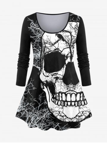 Gothic Skull Tree Branch Print Long Sleeve T-shirt - BLACK - 1X | US 14-16