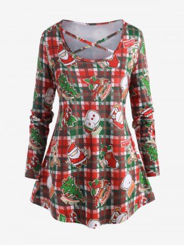 Plus Size Christmas Printed Crisscross Plaid T Shirt - DEEP GREEN - 1X