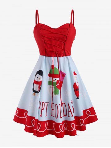 Christmas Snowman Santa Claus Lace Up Plus Size Cami Dress - RED - 1X