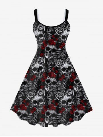 Gothic Skull Rose Print Sleeveless A Line Dress - BLACK - S | US 8
