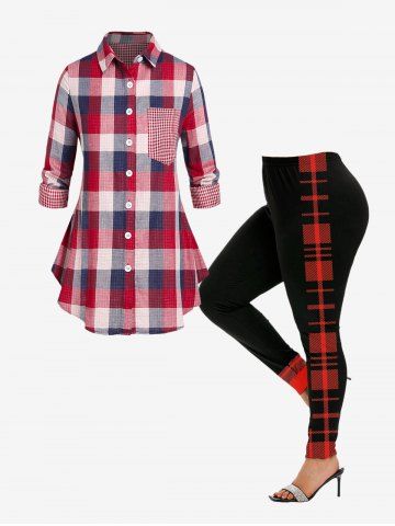 Gingham Plaid Pocket Button Up Shirt and Skinny Leggings Plus Size Outfit - RED