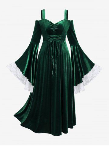 Plus Size Christmas Lace-up Mesh Panel Velour Bell Sleeve Cold Shoulder Maxi Dress - DEEP GREEN - 3X | US 22-24