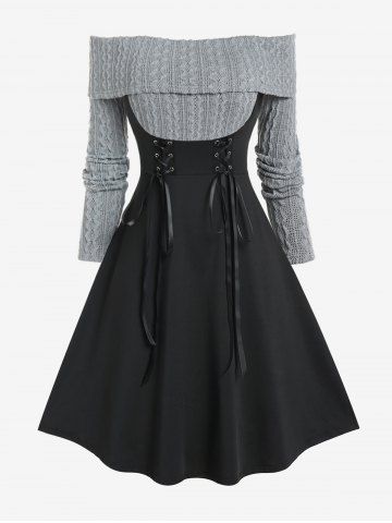 Plus Size Lace Up Cable Knit Panel Off The Shoulder Dress - GRAY - L | US 12