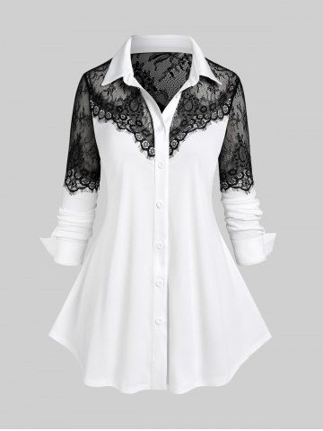 Plus Size Lace Panel Long Sleeves Two Tone Shirt - WHITE - L | US 12
