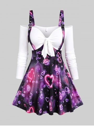Plus Size Valentines Tie Knot Heart Print Cold Shoulder 2 in 1 Top - PURPLE - 1X | US 14-16
