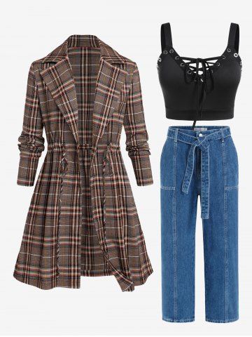 Plus Size Drawstring Waist Plaid Open Front Coat and Cropped Top and Jeans Outfit