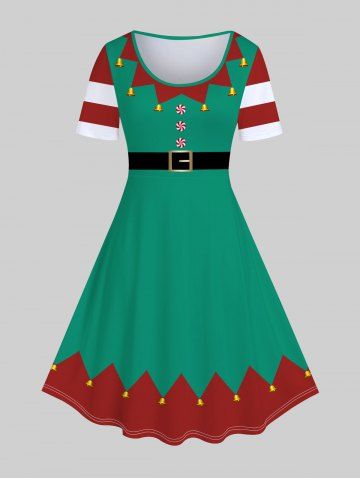 Plus Size Christmas Elf Costume 3D Print A Line Dress - GREEN - 2X | US 18-20