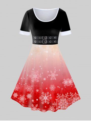 Plus Size Christmas 3D Buckles Snowflake Printed Ombre Vintage A Line Dress - RED - L | US 12