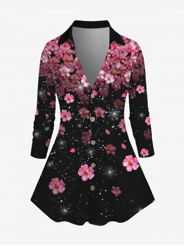 Plus Size V Neck Floral Print Button Up Shirt