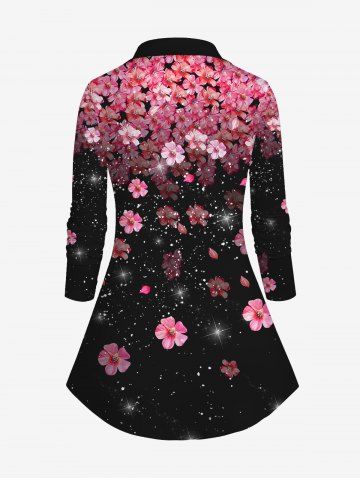 Plus Size V Neck Floral Print Button Up Shirt