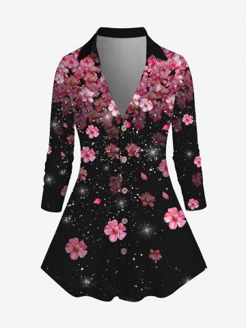 Plus Size V Neck Floral Print Button Up Shirt - LIGHT PINK - 2X | US 18-20