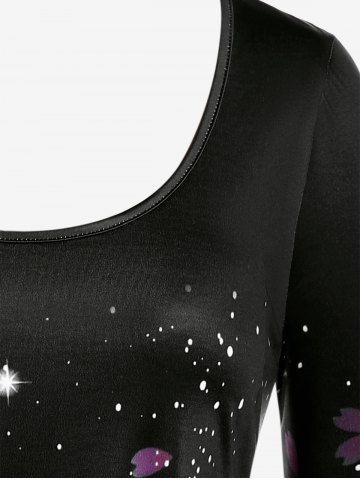 Plus Size 3D Sparkles Sakura Flower Printed Long Sleeves Tee