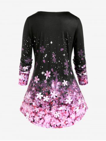 Plus Size 3D Sparkles Sakura Flower Printed Long Sleeves Tee