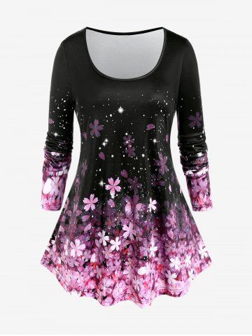 Plus Size 3D Sparkles Sakura Flower Printed Long Sleeves Tee