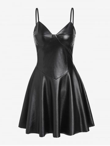 PU Leather Corset-style Cami Mini Dress - BLACK - M