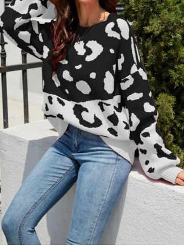 Leopard Pattern Two Tone Color Round Neck Long Sleeve Pullover Sweater - BLACK - S