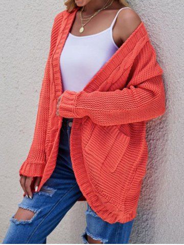 Cable Knit  Open Front Plain Color Patch Design Pocket Long Sleeve Cardigan - ORANGE - S