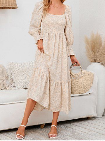 Vacation Ditsy Flower Print Flounce Shirred Long Sleeve High Waisted A Line Midi Dress - LIGHT YELLOW - XXL