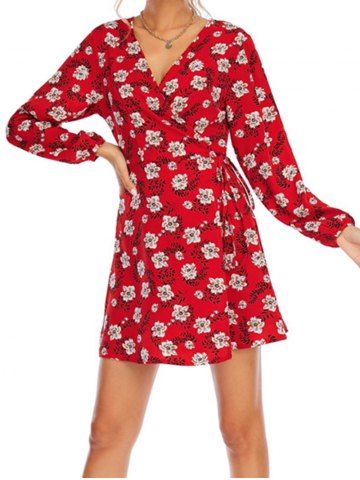 Floral Print Long Sleeve Mini Wrap Dress - RED - M