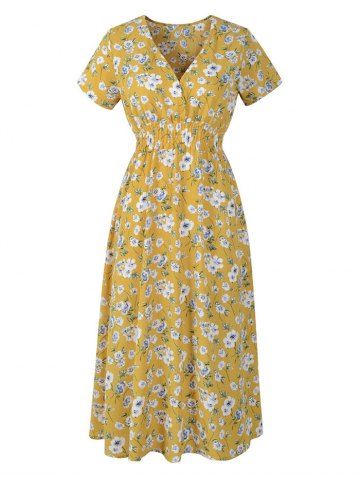 Allover Floral Print Surplice High Waisted Plunging Neck A Line Midi Dress - YELLOW - M