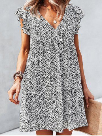 Allover Ditsy Flower Print Layered Sleeve V Neck High Waisted A Line Mini Dress - WHITE - M