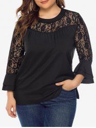 Plus Size Lace Panel Flare Sleeves Solid Blouse -  