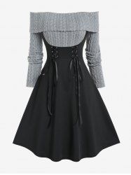 Plus Size Lace Up Cable Knit Panel Off The Shoulder Dress -  