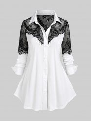 Chemise Bicolore Panneau en Dentelle de Grande Taille à Manches Longues - Blanc M | US 10