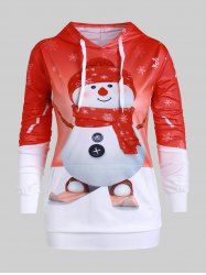 Plus Size Snowman Print Front Pocket Christmas Hoodie -  