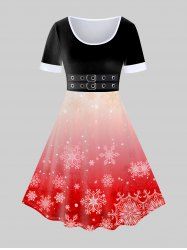Plus Size Christmas 3D Buckles Snowflake Printed Ombre Vintage A Line Dress -  