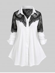 Plus Size Lace Panel Long Sleeves Two Tone Shirt -  