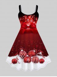 Robe de Noël Ajustée et Evasée à Imprimé Boule et Nœud Papillon de Grande Taille - Rouge 1X | US 14-16