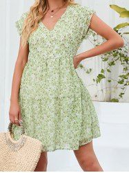 Mini Robe à Col en V à Imprimé Florale - Vert clair L