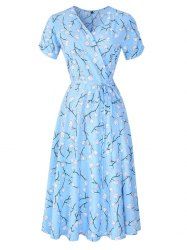 Robe Portefeuille Mi-Longue Ligne A Fleur Imprimée Manches Courtes à Col V - Bleu clair M