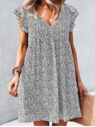 Allover Ditsy Flower Print Layered Sleeve V Neck High Waisted A Line Mini Dress -  