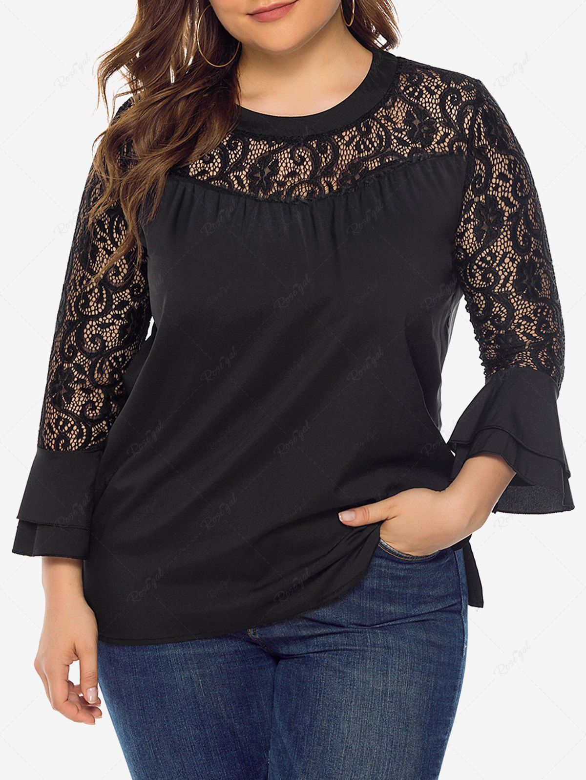 Discount Plus Size Lace Panel Flare Sleeves Solid Blouse  
