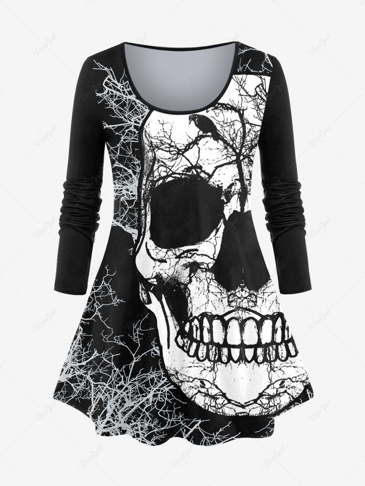 T-shirt Gothique à Imprimé Arbre Crâne à Manches Longues Noir L | US 12