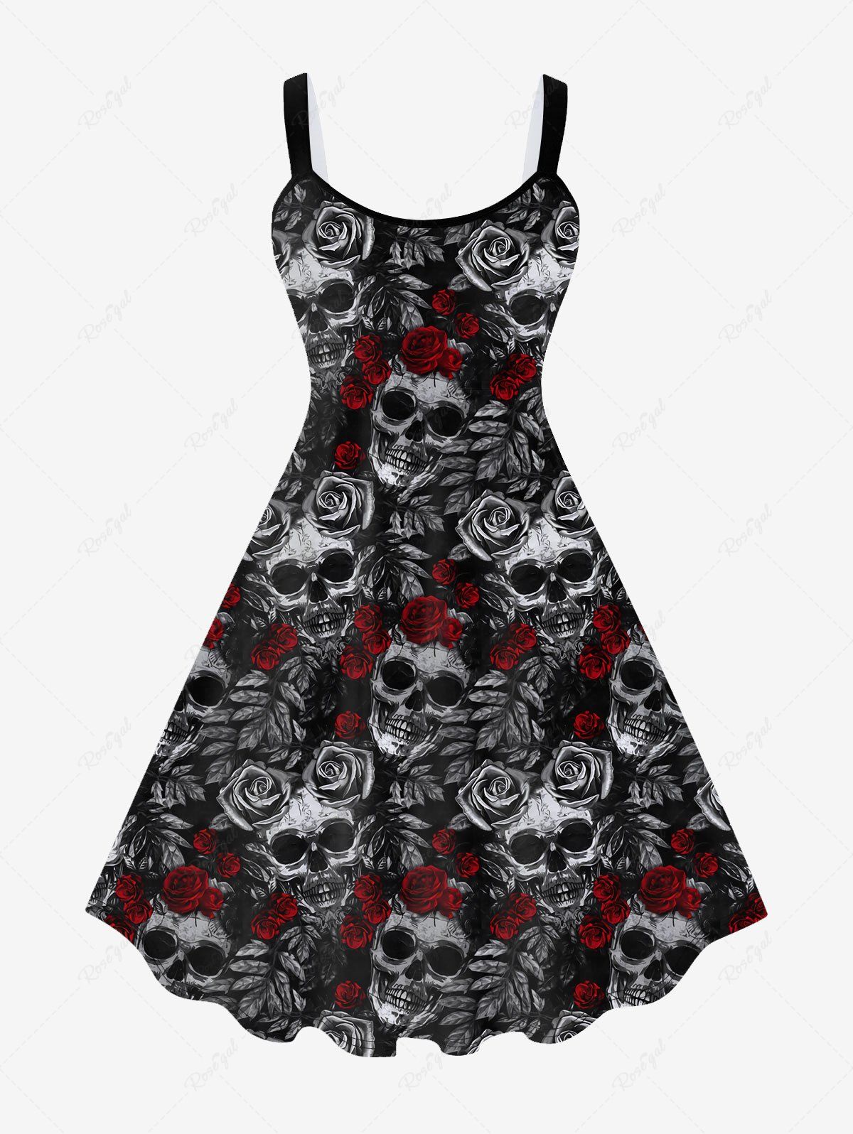 Hot Gothic Skull Rose Print Sleeveless A Line Dress  
