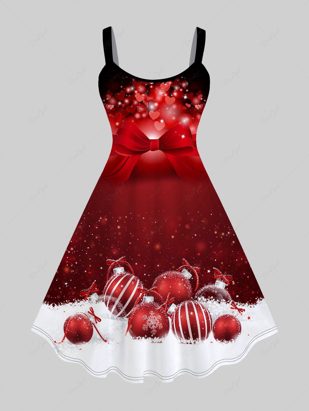 Robe de Noël Ajustée et Evasée à Imprimé Boule et Nœud Papillon de Grande Taille Rouge 3X | US 22-24