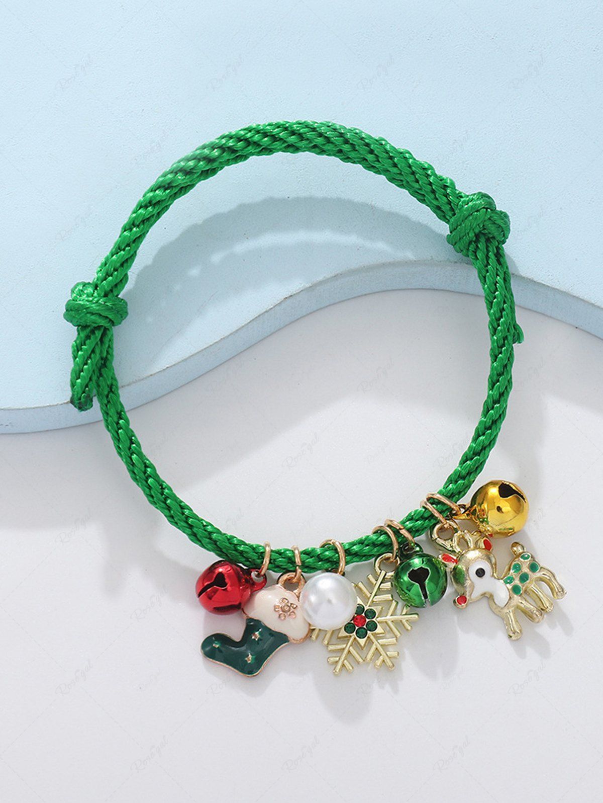 Bracelet Motif Élan et Flocons de Neige Cadeau de Noël Tissé à Main Vert 