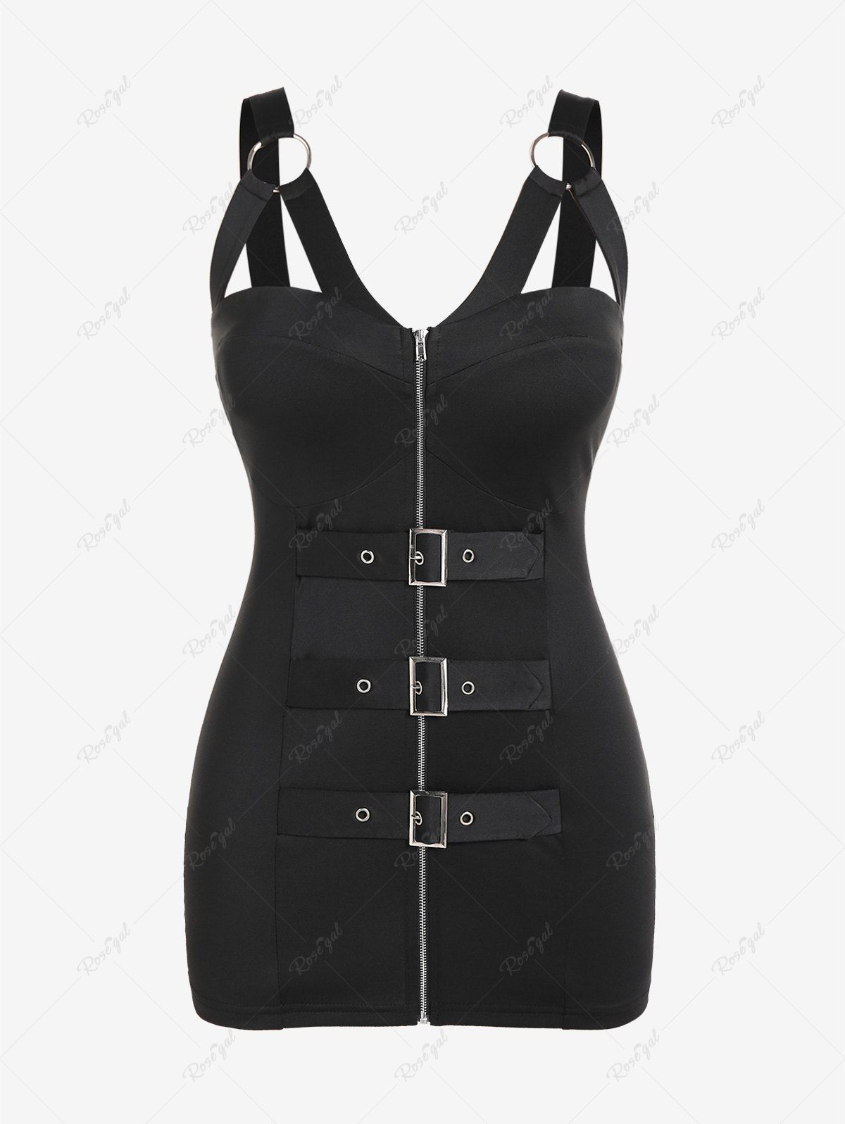 Affordable Plus Size O Ring Full Zipper Buckled Tank Top  