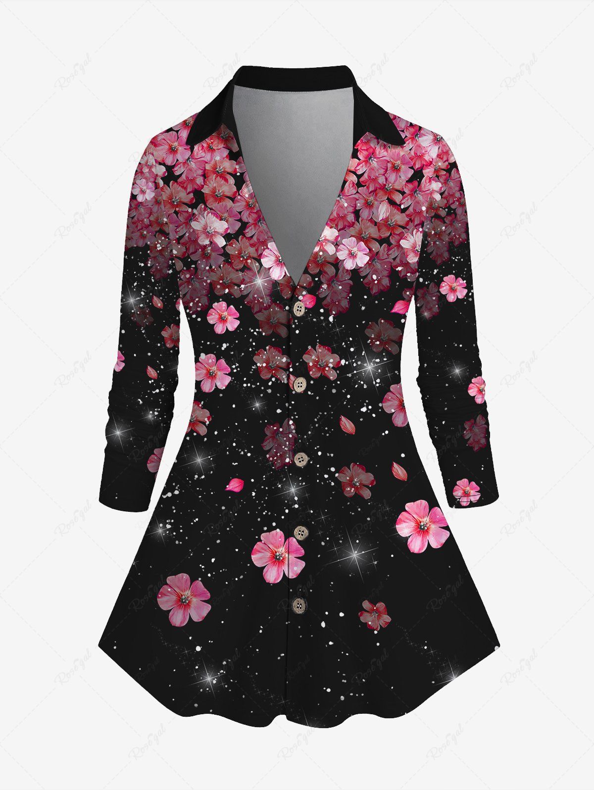 Affordable Plus Size V Neck Floral Print Button Up Shirt  