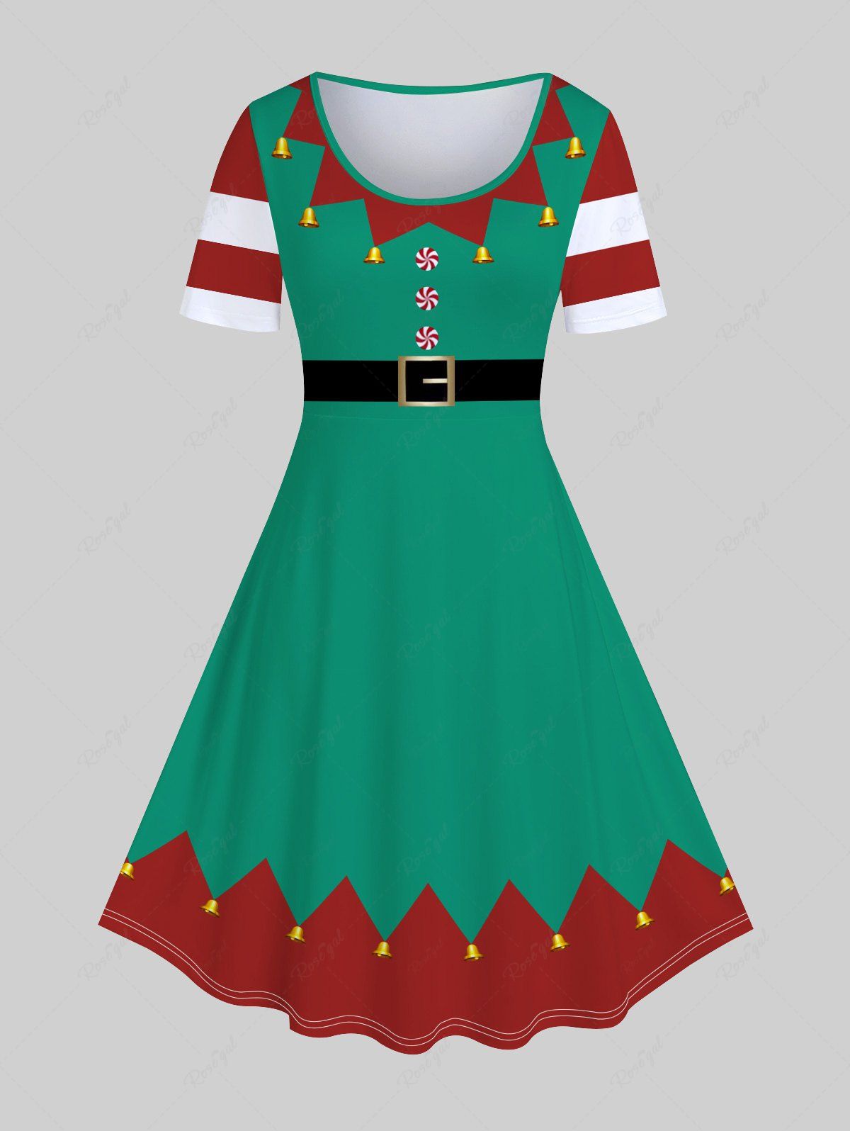 Latest Plus Size Christmas Elf Costume 3D Print A Line Dress  