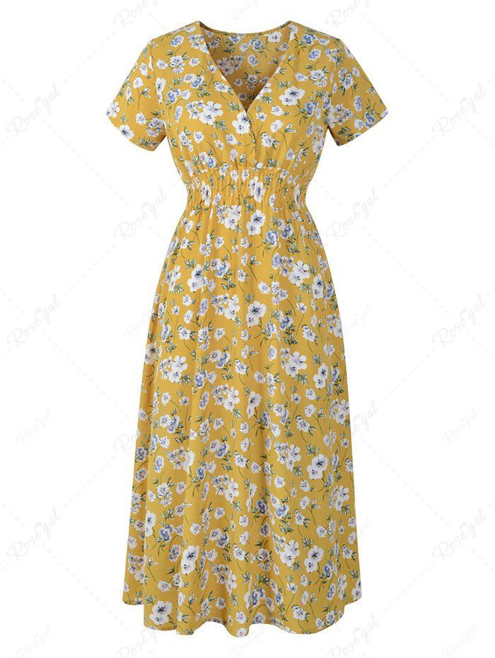 Robe Cache-cœur Mi-Longue Ligne A à Imprimé Fleurie à Taille Haute Jaune L