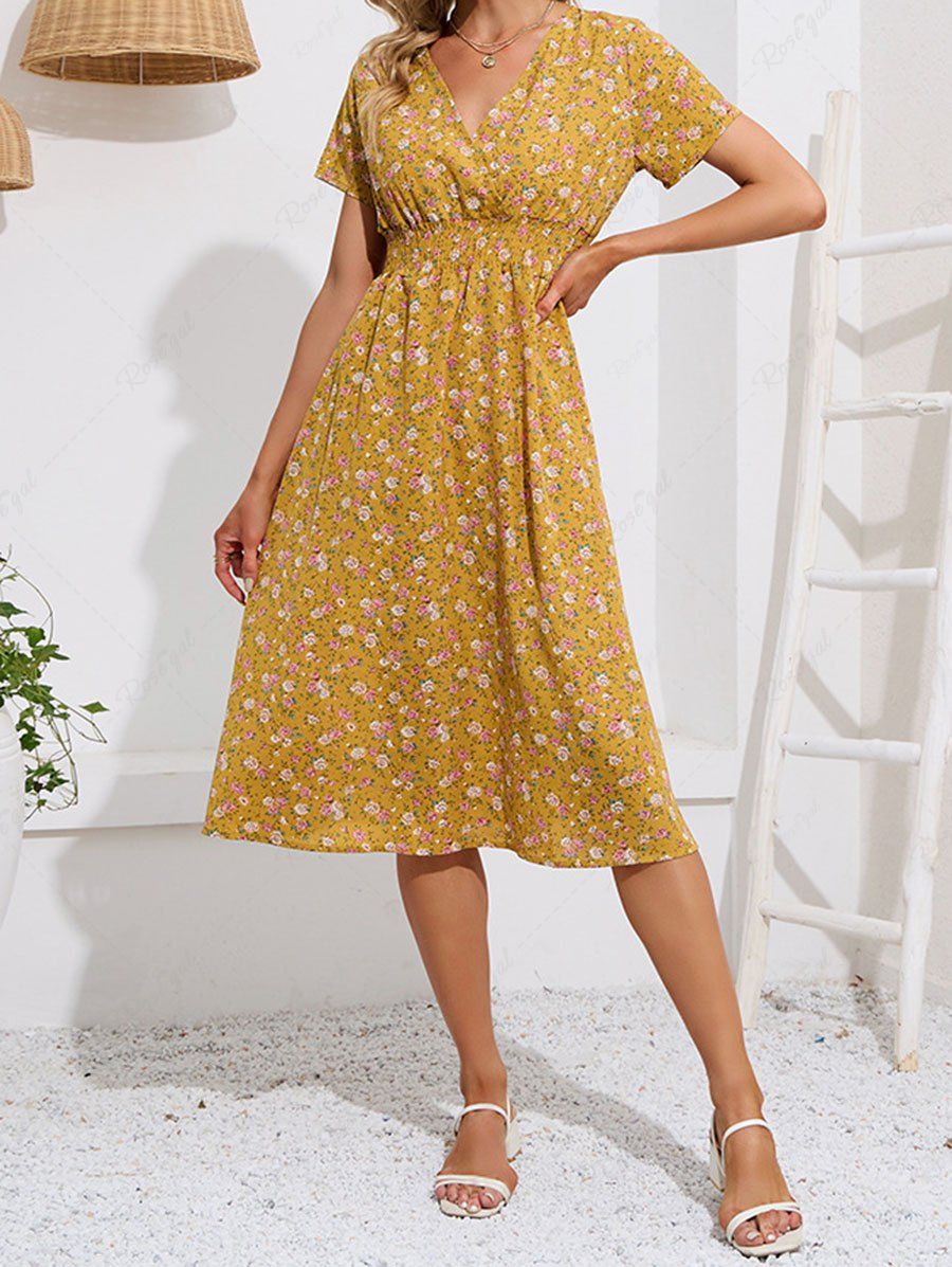 Robe de Vacances Mi-Longue Superposée à Imprimé Fleur à Taille Haute à Col V Deep Yellow XL