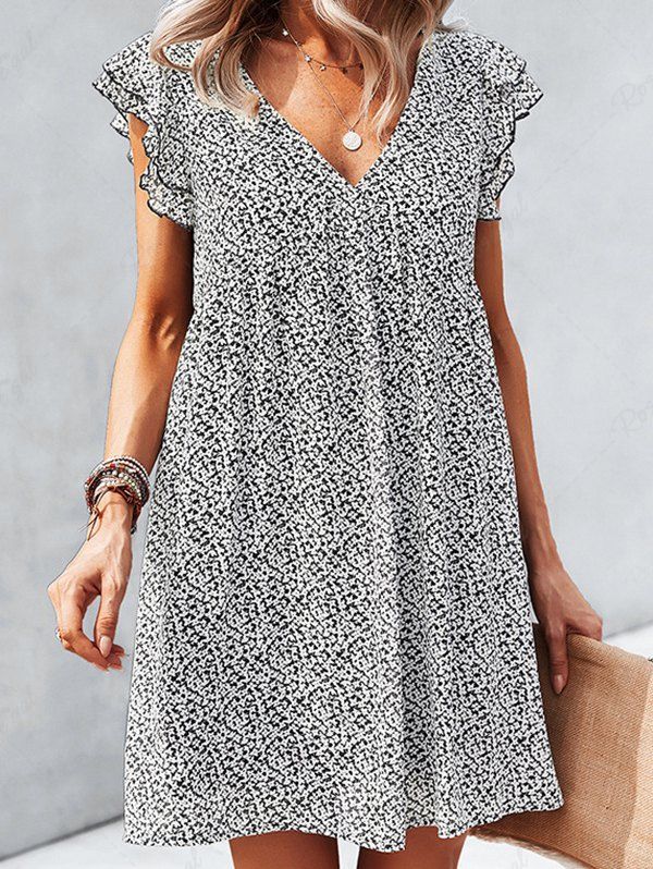 Hot Allover Ditsy Flower Print Layered Sleeve V Neck High Waisted A Line Mini Dress  
