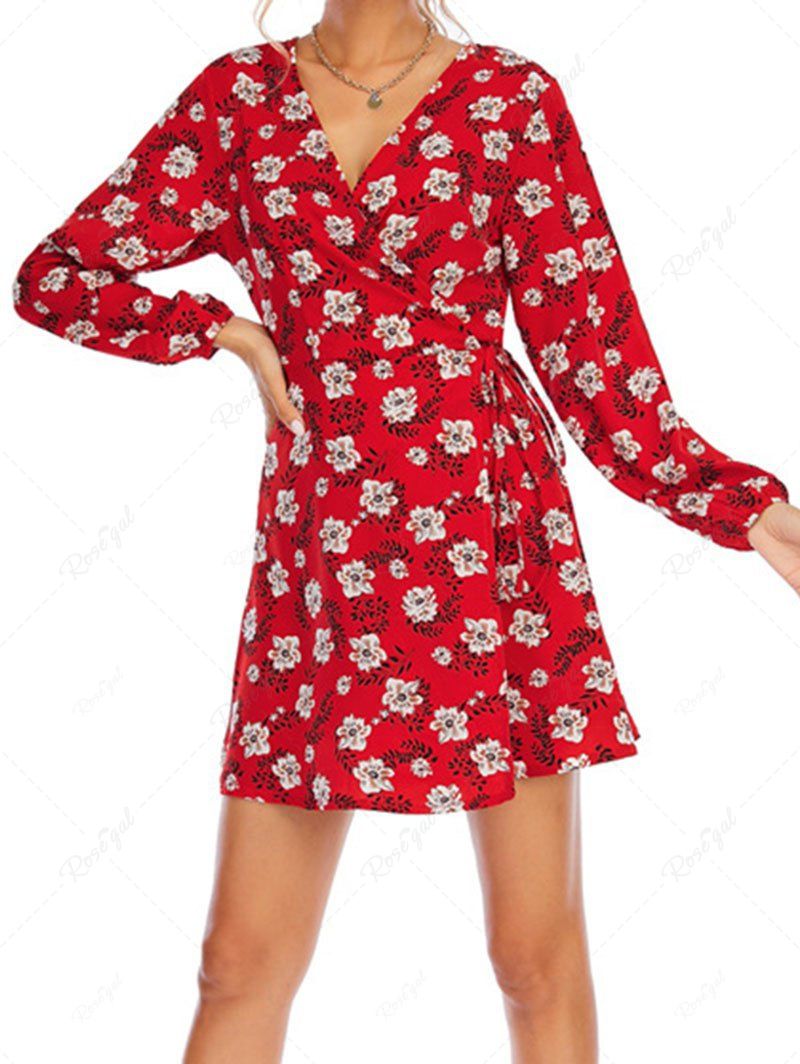 Mini Robe Portefeuille à Imprimé Florale à Manches Longues Rouge XL