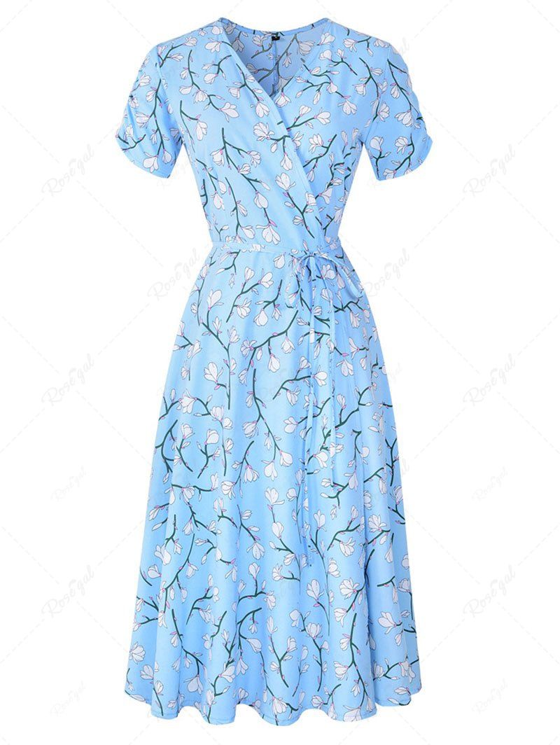 Robe Portefeuille Mi-Longue Ligne A Fleur Imprimée Manches Courtes à Col V Bleu clair M